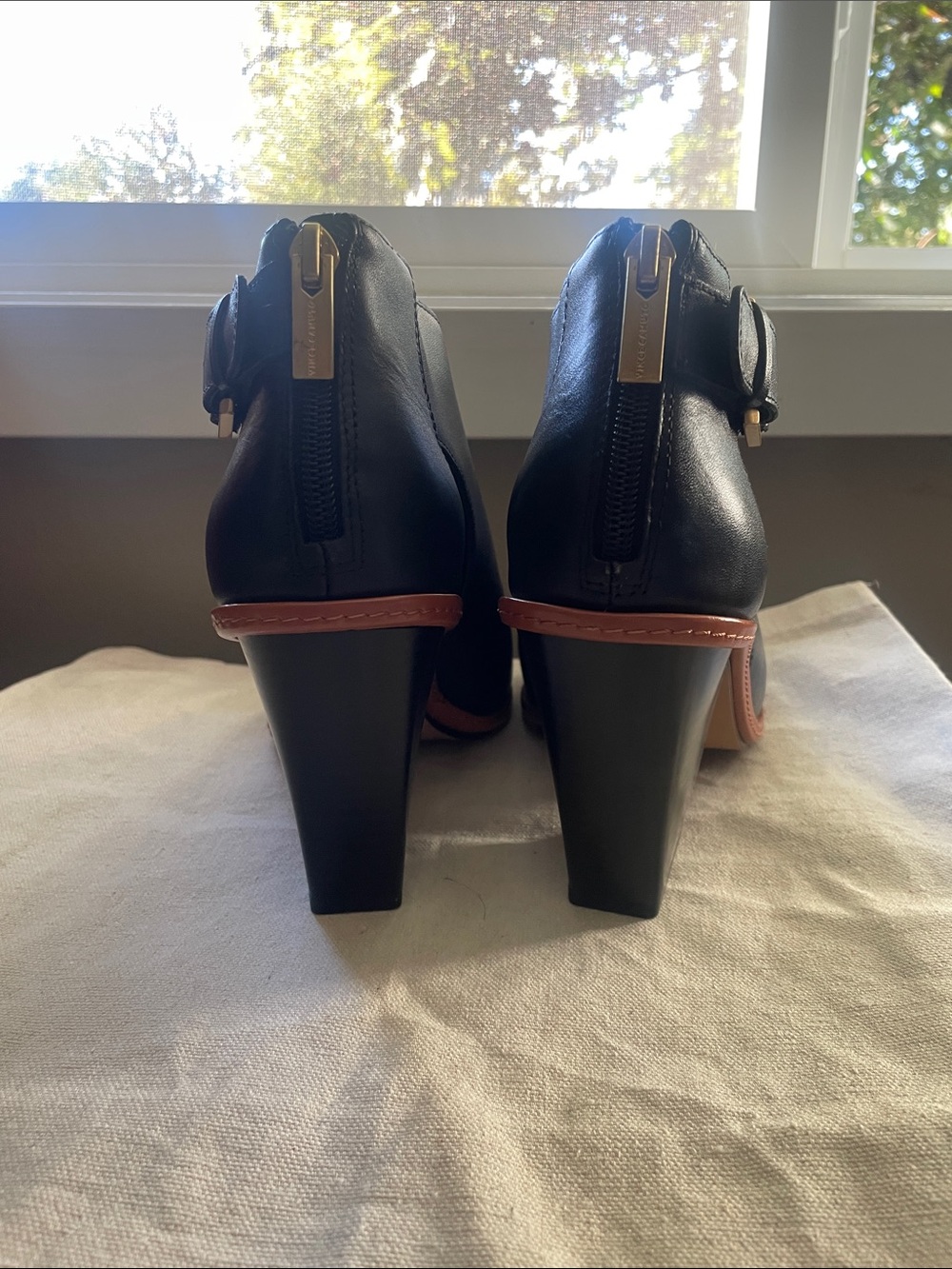 Vince Camuto Black Leather Open-Toe Buckle Heeled Booties with Brown Trim - Picture 6 of 10